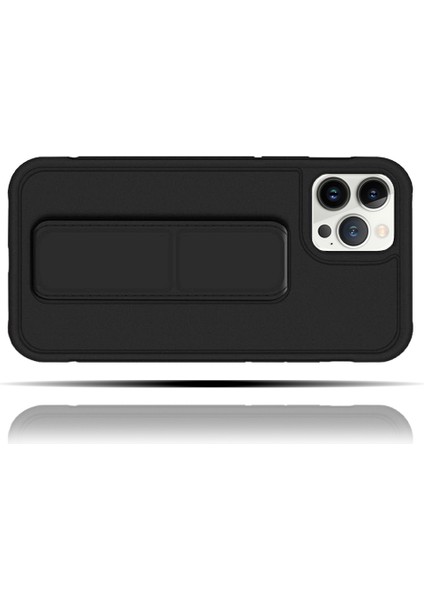 Apple IPhone 12 Pro Max Uyumlu Mat Siyah Yumuşak Silikon Standlı Tutacaklı (Tutamaçlı) Telefon Kılıfı