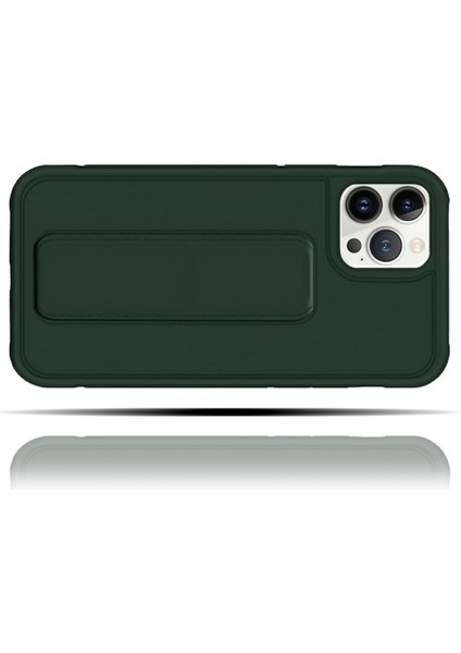 Apple IPhone 12 Pro Uyumlu Mat Koyu Yeşil Yumuşak Silikon Standlı Tutacaklı (Tutamaçlı) Telefon Kılıfı