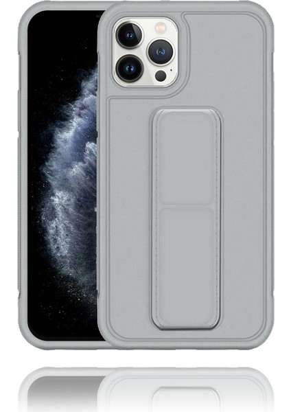 Apple IPhone 13 Pro Max Uyumlu Mat Gri Yumuşak Silikon Standlı Tutacaklı (Tutamaçlı) Telefon Kılıfı