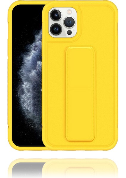 Apple IPhone 12 Pro Uyumlu Mat Sarı Yumuşak Silikon Standlı Tutacaklı (Tutamaçlı) Telefon Kılıfı