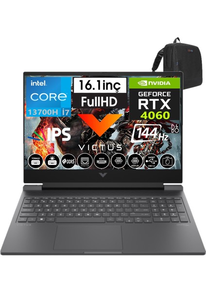Victus 16-R0065NT Intel I7-13700H 24GB Ddr5 2tb SSD 8GB/RTX4060 Freedos 16.1" 144 Hz Fhd IPS Taşınabilir Bilgisayar W8B5Y3EA03+WEBLEGELSINÇANTA