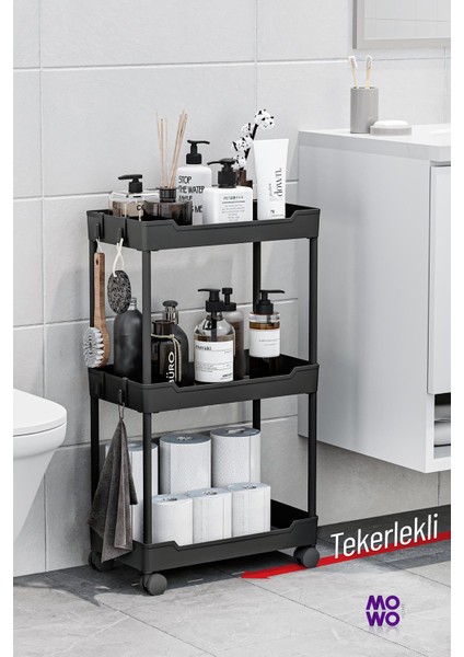 Mowo 3 Katlı Tekerlekli Banyo Rafı, Mutfak Rafı, Havluluk, Deterjanlık Makyaj Organizer