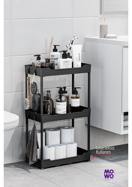 Mowo 3 Katlı Tekerlekli Banyo Rafı, Mutfak Rafı, Havluluk, Deterjanlık Makyaj Organizer