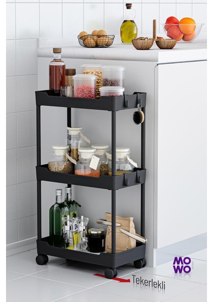 Mowo 3 Katlı Tekerlekli Banyo Rafı, Mutfak Rafı, Havluluk, Deterjanlık Makyaj Organizer