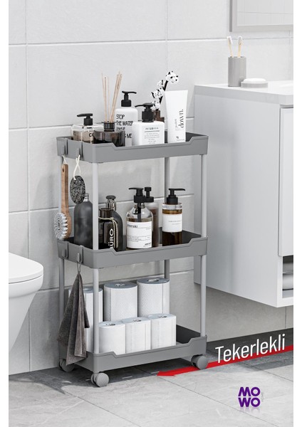 Mowo 3 Katlı Tekerlekli Banyo Rafı, Mutfak Rafı, Havluluk, Deterjanlık Makyaj Organizer