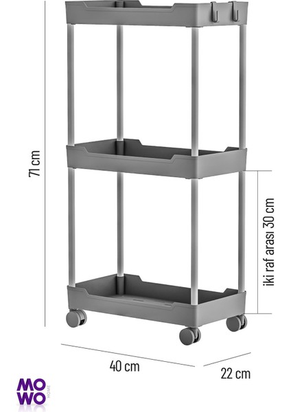 Mowo 3 Katlı Tekerlekli Banyo Rafı, Mutfak Rafı, Havluluk, Deterjanlık Makyaj Organizer