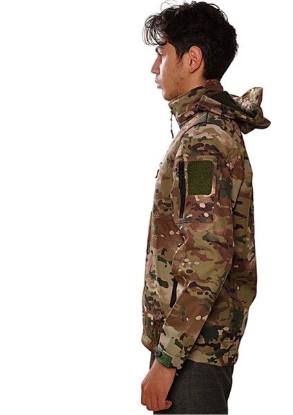 Erkek Kahverengi Multicam Kamuflaj Rüzgar Geçirmez Softshell Mont