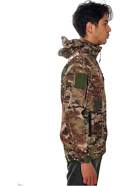 Erkek Kahverengi Multicam Kamuflaj Rüzgar Geçirmez Softshell Mont