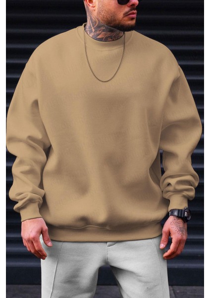 Erkek Camel Basic 0 Sıfır Yaka Baskısız Düz Oversize Salaş Bol Kesim Polar Sweatshirt