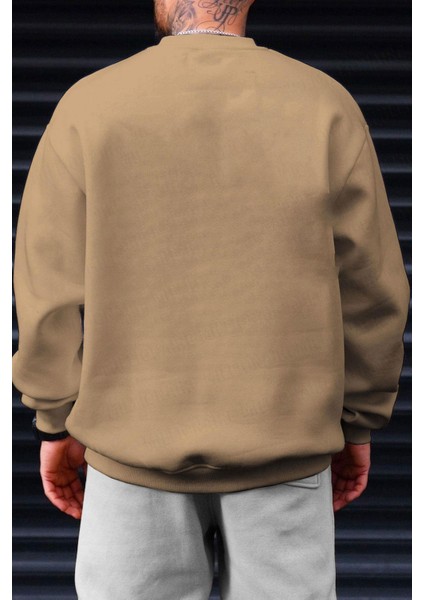 Erkek Camel Basic 0 Sıfır Yaka Baskısız Düz Oversize Salaş Bol Kesim Polar Sweatshirt