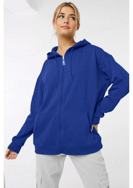 Kadin Saks Mavisi Kapüşonlu Fermuarlı 3 Üç Iplik Polar Kanguru Oversize Salaş Sweatshirt Zip Up Hoodie