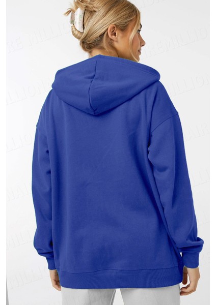 Kadin Saks Mavisi Kapüşonlu Fermuarlı 3 Üç Iplik Polar Kanguru Oversize Salaş Sweatshirt Zip Up Hoodie fiyatları