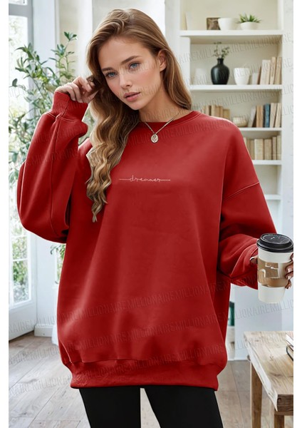 Kadın Kırmızı Dreamer Baskılı 0 Sıfır Yaka Oversize Salaş Bol Kesim Polar Sweatshirt
