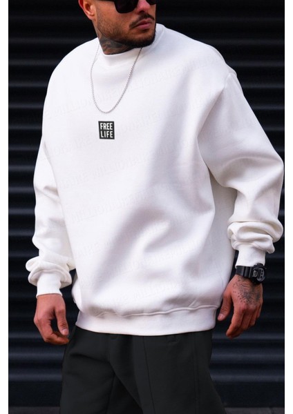 Erkek Ekru Free Life Baskılı Kalın Soft 3 Iplik Içi Şardonlu 0 Sıfır Yaka Oversize Salaş Sweatshirt