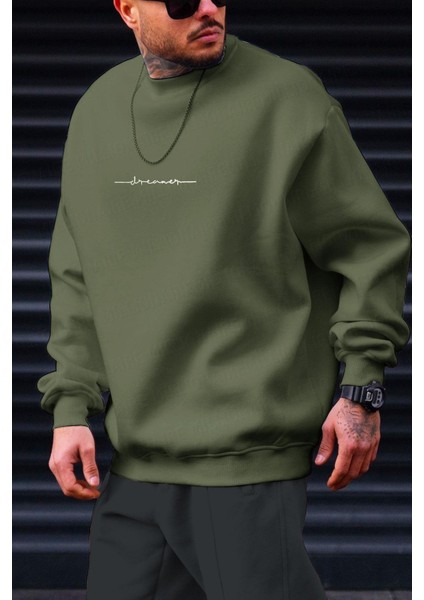 Erkek Haki Yeşili Dreamer Baskılı 0 Sıfır Yaka Oversize Salaş Bol Kesim Polar Sweatshirt