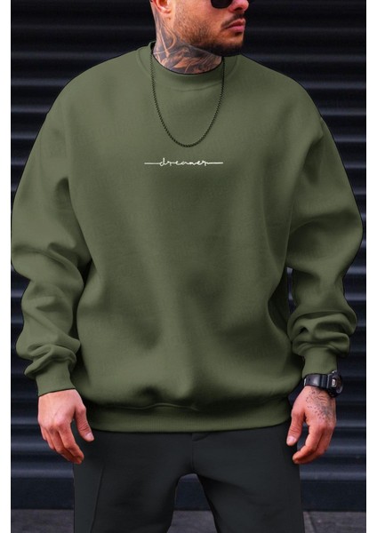 Erkek Haki Yeşili Dreamer Baskılı 0 Sıfır Yaka Oversize Salaş Bol Kesim Polar Sweatshirt modelleri