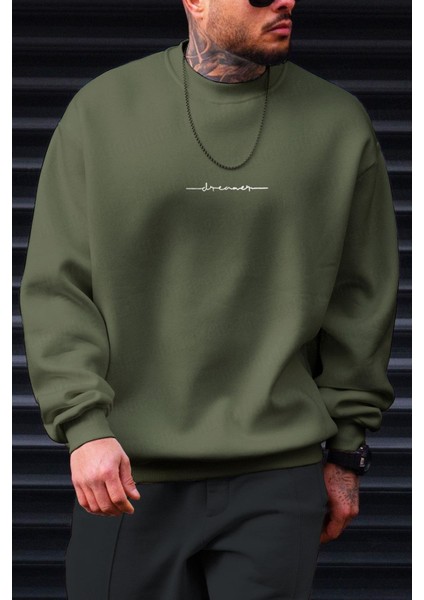 Erkek Haki Yeşili Dreamer Baskılı 0 Sıfır Yaka Oversize Salaş Bol Kesim Polar Sweatshirt fırsatları