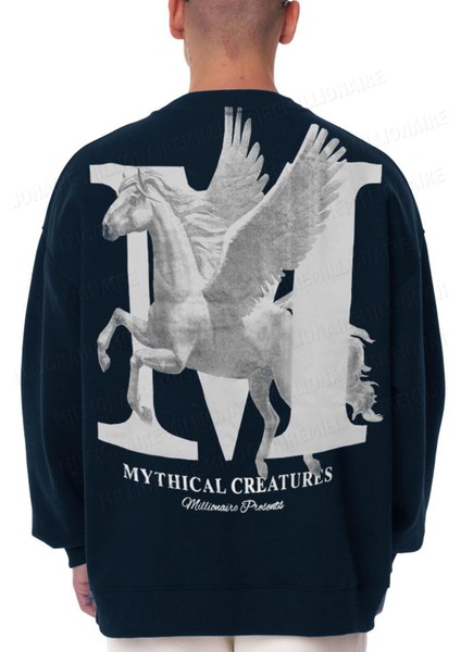 Erkek Lacivert Mythical Baskılı Kalın Soft 3 Iplik Içi Şardonlu 0 Sıfır Yaka Oversize Salaş Sweatshirt