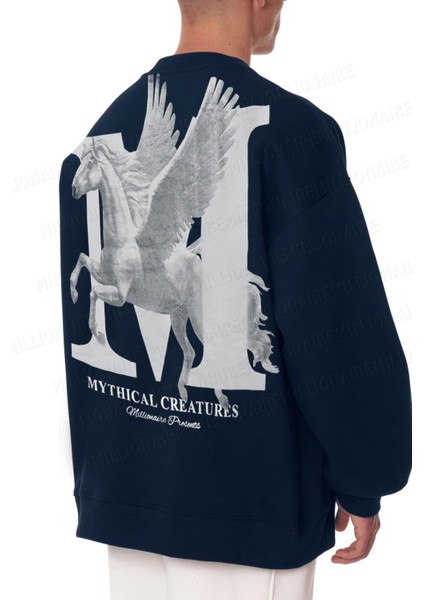 Erkek Lacivert Mythical Baskılı Kalın Soft 3 Iplik Içi Şardonlu 0 Sıfır Yaka Oversize Salaş Sweatshirt fiyatları