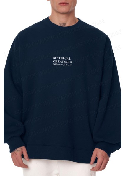 Erkek Lacivert Mythical Baskılı Kalın Soft 3 Iplik Içi Şardonlu 0 Sıfır Yaka Oversize Salaş Sweatshirt modelleri