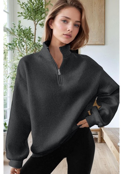 Kadın Antrasit Balıkçı Yaka 3 Iplik Içi Polarlı Şardonlu Oversize Sweatshirt