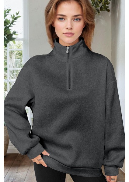 Kadın Antrasit Balıkçı Yaka 3 Iplik Içi Polarlı Şardonlu Oversize Sweatshirt