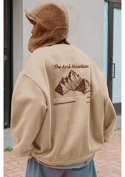 Kadın Camel Arid Mountain Baskılı 0 Sıfır Yaka Oversize Salaş Bol Kesim Polar Sweatshirt