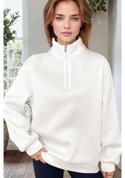 Kadın Ekru Kırık Beyaz Balıkçı Yaka 3 Iplik Içi Polarlı Şardonlu Oversize Sweatshirt modelleri