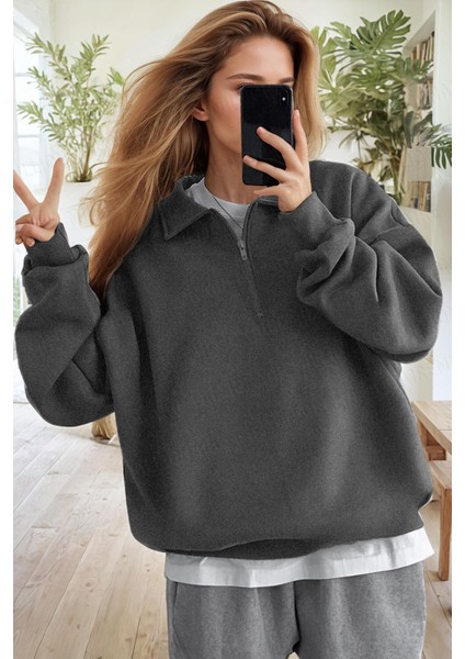 Kadın Antrasit Yarım Fermuar Polo Yaka 3 Iplik Içi Polarlı Şardonlu Oversize Sweatshirt