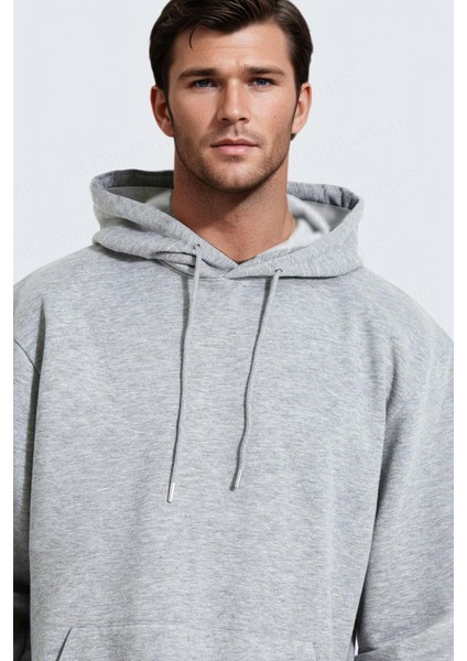 Erkek Gri Düz Kapüşonlu Oversize 3 Iplik Şardonlu Salaş Bol Kesim Hoodie Sweatshirt modelleri