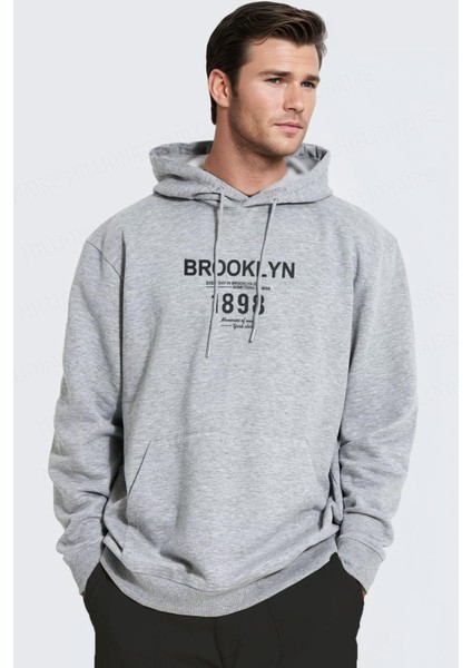 Erkek Gri 1898 Baskılı Kapüşonlu Oversize 3 Iplik Şardonlu Salaş Bol Kesim Hoodie Sweatshirt