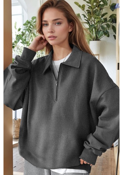 Kadın Antrasit Yarım Fermuar Polo Yaka 3 Iplik Içi Polarlı Şardonlu Oversize Sweatshirt fiyatları