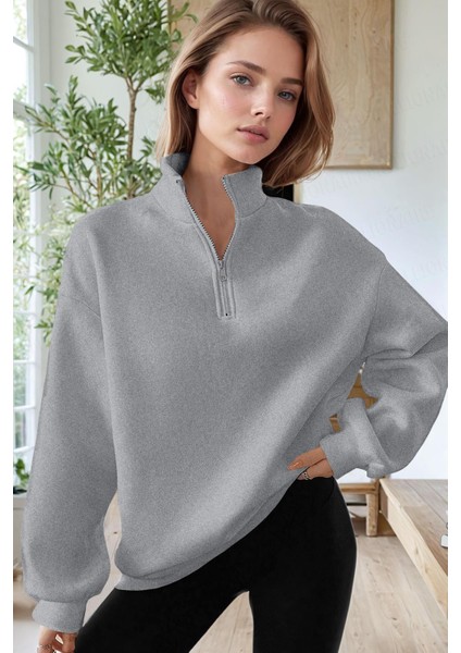 Kadın Gri Balıkçı Yaka 3 Iplik Içi Polarlı Şardonlu Oversize Sweatshirt