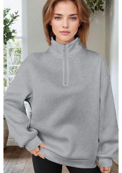 Kadın Gri Balıkçı Yaka 3 Iplik Içi Polarlı Şardonlu Oversize Sweatshirt