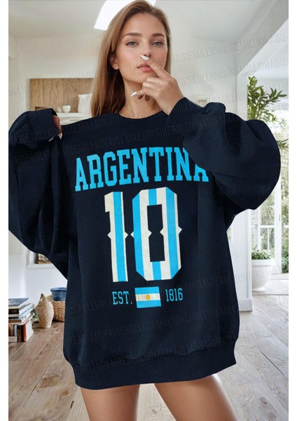 Kadın Lacivert Argentina Baskılı 0 Sıfır Yaka Oversize Salaş Bol Kesim Polar Sweatshirt