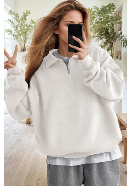 Kadın Ekru Kırık Beyaz Yarım Fermuar Polo Yaka 3 Iplik Içi Polarlı Şardonlu Oversize Sweatshirt