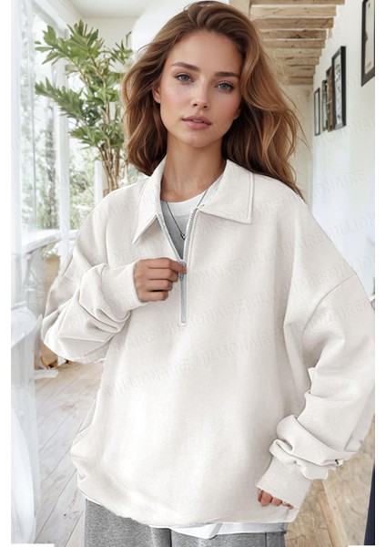 Kadın Ekru Kırık Beyaz Yarım Fermuar Polo Yaka 3 Iplik Içi Polarlı Şardonlu Oversize Sweatshirt fiyatları