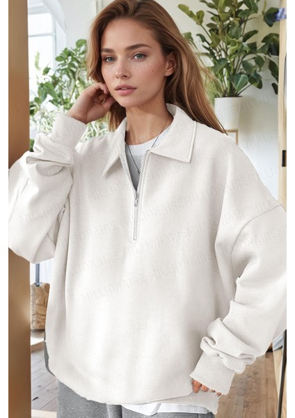 Kadın Ekru Kırık Beyaz Yarım Fermuar Polo Yaka 3 Iplik Içi Polarlı Şardonlu Oversize Sweatshirt modelleri