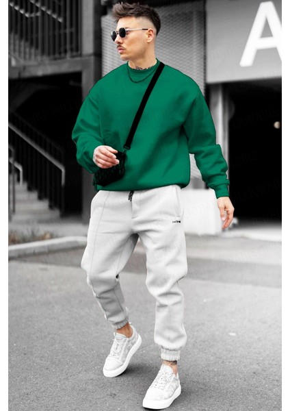 Erkek Yeşil Basic 0 Sıfır Yaka Baskısız Düz Oversize Salaş Bol Kesim Polar Sweatshirt fiyatları