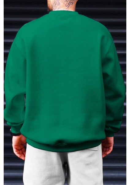 Erkek Yeşil Basic 0 Sıfır Yaka Baskısız Düz Oversize Salaş Bol Kesim Polar Sweatshirt modelleri