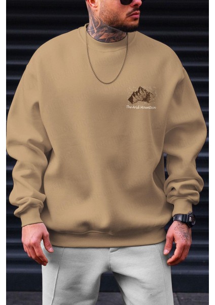Erkek Camel Arid Mountain Baskılı 0 Sıfır Yaka Oversize Salaş Bol Kesim Polar Sweatshirt