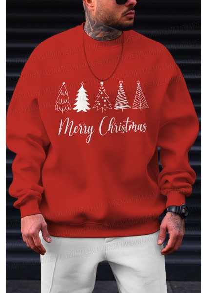 Erkek Kırmızı Christmas Baskılı 0 Sıfır Yaka Oversize Salaş Bol Kesim Polar Sweatshirt