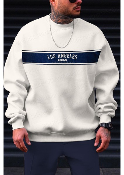 Erkek Ekru Kırık Beyaz City Of Angels Baskılı 0 Sıfır Yaka Oversize Salaş Bol Kesim Polar Sweatshirt