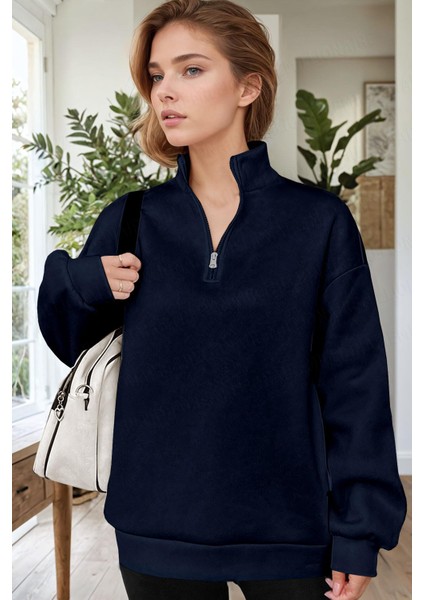 Kadın Lacivert Balıkçı Yaka 3 Iplik Içi Polarlı Şardonlu Oversize Sweatshirt