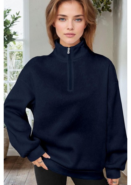 Kadın Lacivert Balıkçı Yaka 3 Iplik Içi Polarlı Şardonlu Oversize Sweatshirt modelleri