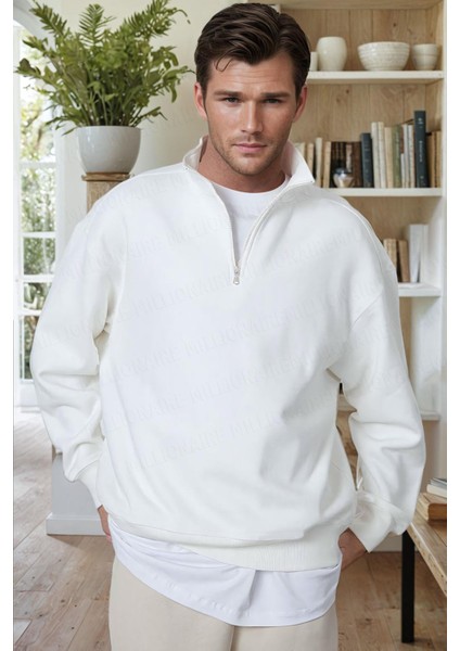 Erkek Ekru Kırık Beyaz Balıkçı Yaka 3 Iplik Içi Polarlı Şardonlu Oversize Sweatshirt