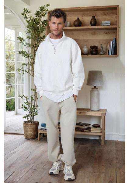Erkek Ekru Kırık Beyaz Balıkçı Yaka 3 Iplik Içi Polarlı Şardonlu Oversize Sweatshirt