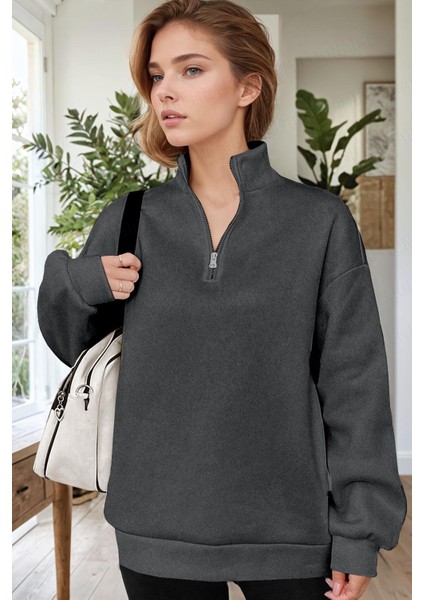Kadın Antrasit Balıkçı Yaka 3 Iplik Içi Polarlı Şardonlu Oversize Sweatshirt