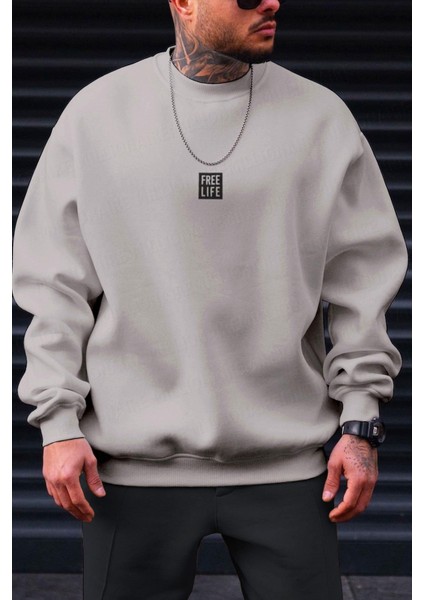 Erkek Koyu Gri Free Life Baskılı Kalın Soft 3 Iplik Içi Şardonlu 0 Sıfır Yaka Oversize Salaş Sweatshirt