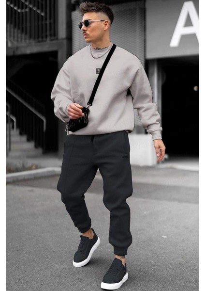 Erkek Koyu Gri Free Life Baskılı Kalın Soft 3 Iplik Içi Şardonlu 0 Sıfır Yaka Oversize Salaş Sweatshirt fiyatları